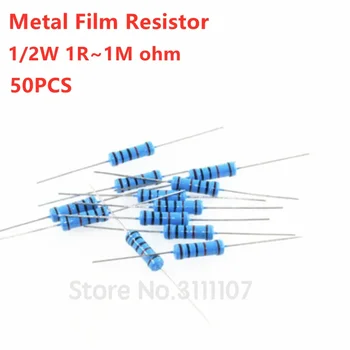 50PCS 1/2W 1% 1R~1M ohm Metal film rezistor 100R 220R 330R 1K 1.5 K 3.3 4.7 K K 4K7 47K 100K 3K3 560K 1M ohm