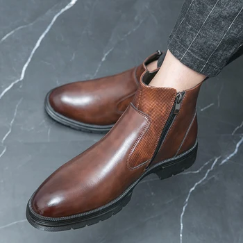 Luxury Brown Mens Chelsea Cizme Glezna Stil Britanic Manual Business Casual Pantofi Rochie De Toamna Din Piele Cu Fermoar Lateral Design De Pantofi