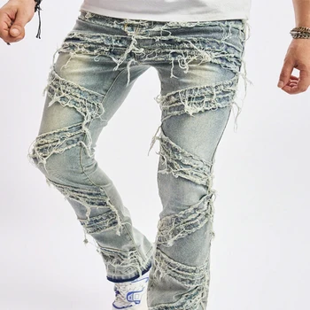 Barbati Blugi Rupți În Dificultate Distrus Slim Fit Straight Leg Raw Hem Pantaloni Din Denim De Design De Moda De Stradă Purta Jean