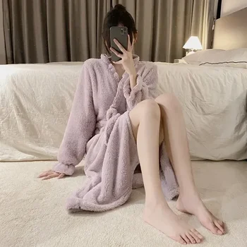 Cămașă de noapte Homewear pentru 2023 Femei Solidă Maneca Volane Halat de Pijama Centura Pijamale Cald Noaptea Poartă cămașă de noapte de Iarnă Lână Lungă