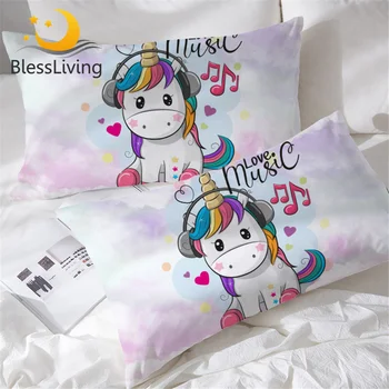 BlessLiving Minunat Unicorn Față De Pernă Curcubeu Păr Pernă Iubesc Muzica Pentru Copii Desene Animate Pernă Acoperă Inimile Pline De Culoare De Lenjerie De Pat