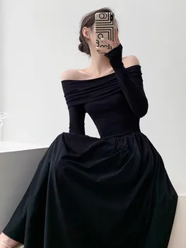 Neagră Pe Un Umăr Rochie Pentru Femei Cu Primăvara Și Toamna Pliuri Și Mozaic Design, Neregulate Slim Fit Dress