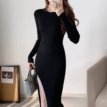 Noi 2024 Primăvară Rochii Tricotate Pentru Femei Laterală Fantă Lungă Maneca Negru Sexy Rochie Pulover Coaste Bumbac Coreean Rochie Lunga Femei