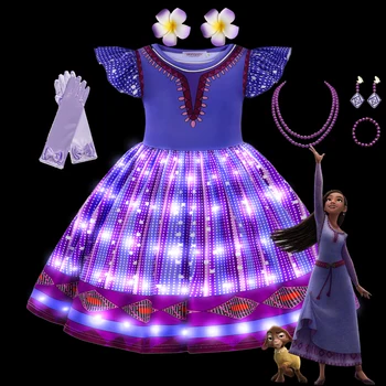 Led-uri de Lumină de până Printesa Vrea Asha Rochie pentru Fete de Cosplay de Carnaval pentru Copii de Craciun Performanță Etapă Petrecere Costum Violet