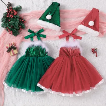 2023 Noul Copil, Copii, Copil Fata de Crăciun Dress cu Pălărie Ruched Puf Trim Tul fusta Mini Rochie de Moș crăciun Pălărie Pentru Costum Petrecere
