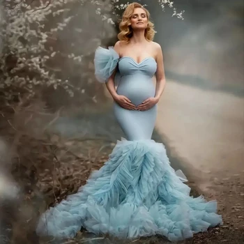 Lumina Albastru Mermaid Rochie de Maternitate pentru sedinta Foto, Femeile Gravide Fotografie Rochii Ciufulit Tul Elastic Copil de Dus Rochie Lungă