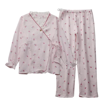 Dantelă Lace Kimono Pijamale Femei Fire De Bumbac Pur Cu Butoane Tipărite Piersic Pierde Acasă Rochie De Două Seturi Subțire