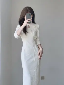 2024 chineză îmbunătățit cheongsam cheongsam rochie de toamna si de iarna noi dantela îmbunătățit qipao fata alba de catifea subțire qipao rochie
