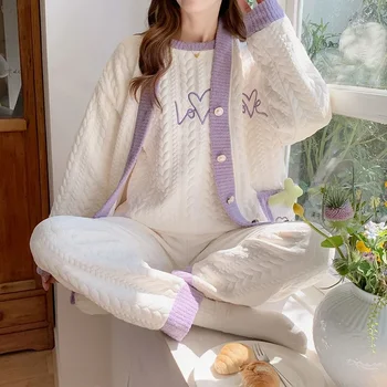 2024 Nou Toamna Iarna Femei de Trei-strat Căptușit Sleepwear Aer Cald Bumbac Sandwich Pijama cu mâneci Lungi Homewear Trei piese