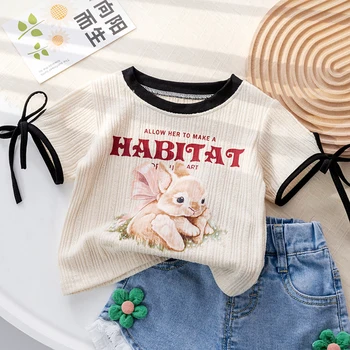 Moda De Vara Haine Copii 2-6 Ani Animale Drăguț Iepure Bumbac Imprimare Fete Tricou Bej