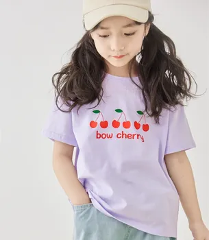 copii bluze pentru Fete din Bumbac tricou copii Mov cu Maneci Scurte Top Drăguț Cherry Print T-shirt