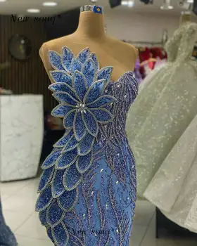 Noi În Lung Albastru cu Sclipici Paiete Sirena Rochii de Seara Caracteristici 3D Frunze de Modele de Rochii Elegante pentru Petrecerea de Nunta Bal Vestidos