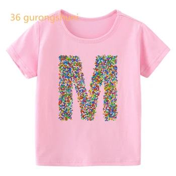 tricou fata-îmbrăcăminte Scrisoare Curcubeu O G M desene animate tricou Colorat Roz fete topuri haine copii baieti t shirt copii t-shirt