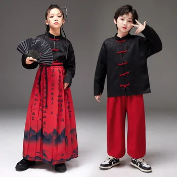 Copil Tradiționale Hanfu Caracter Chinezesc Gradient Rosu Față de Cal Fusta Plisata Cămașă Albă pentru Fată Băiat de Dans Costume de Haine