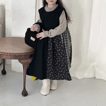 Imbracaminte Copii Fete Dress 2023 Toamnă Iarnă Stil Coreean Culoare Solidă Pulover Florale Rochie Mozaic Vesta Carouri Rochie Lunga
