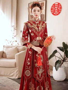 Chineză Tradițională Nunta Retro de Mireasa Broderie Rosie de Mireasa Rochie de Banchet Xiuhe Rochie Cheongsam Hanfu + Potrivite articole pentru acoperirea capului