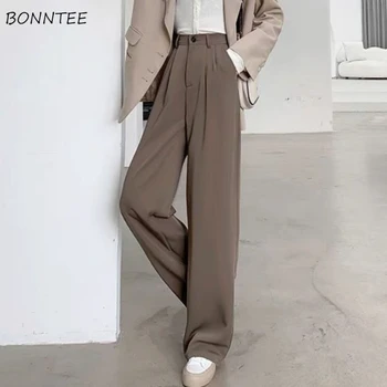 Full-lungime Pantaloni Casual Femei Simple, Birou Doamnă Moda Umflat Talie Mare Stil coreean Largi Picior Pantaloni Temperament All-meci Nou