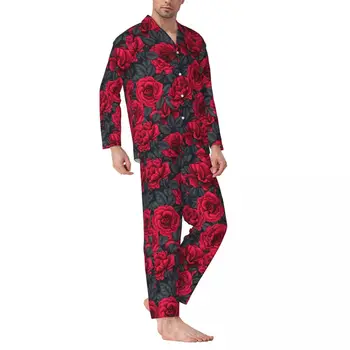 Trandafiri rosii Seturi de Pijama Gri Frunze Print Trendy Pereche de Pijamale cu Maneci Lungi Casual de zi cu Zi Două Piese de îmbrăcăminte de noapte Plus Size 2XL