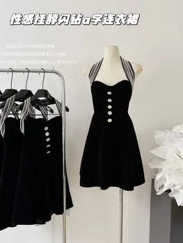 Moda Elegant Sexy Halter Rochie De Moda Japoneză Strapless Rochie De Partid De Pe Umăr Diamante Clubwear Streetwear Negru Gotic