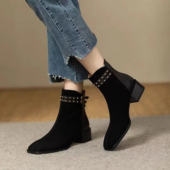 Pantofi pentru Femei 2023 Moda coreeană Deget de la picior Pătrat Cizme Femei Simplu All-meci Negru Glezna Cizme Elegante, de Birou Doamnelor Pantofi