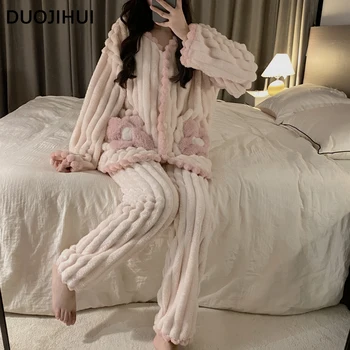 DUOJIHUI New Classic Stripe Pure Color Cald Gros Femei Pijama Set de Iarna Flanel Dulce Moda de 3 culori de sex Feminin Set de Pijamale