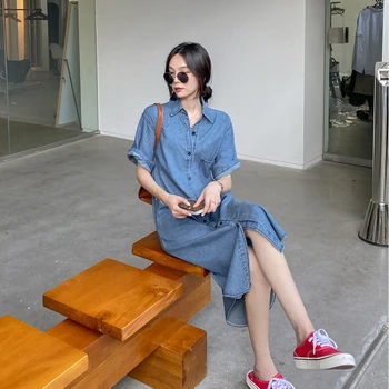 Femei Primavara-Vara Casual Camasa din Denim Rochii Largi Eleganta Midi Vestido Femem Moda Streetwear coreean Blugi Îmbrăcăminte