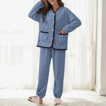 Pijama Calde Buzunare 2 Pijamale Body Maneca Termică De Pluș Femei Costum Set Pufos Iarna Toamna Bucăți Lungi De Pijamale Pufoase