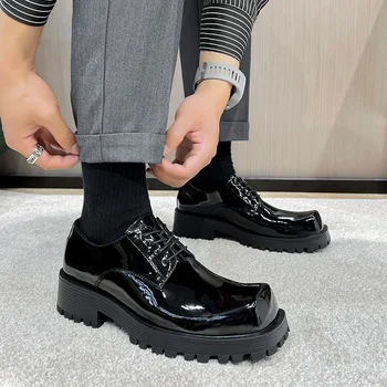 mens de moda de lux, pantofi de piele de brevet de brand designer de pantofi deget de la picior pătrat punk rock rochie neagră elegantă platforma încălțăminte zapatos