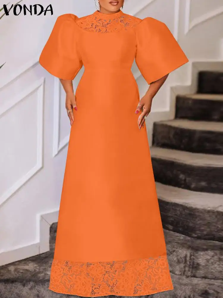 VONDA Partid Rochie de Seara pentru Femei Dantelă Mozaic Elegant Maxi Sundress 2023 Vară Scurt Puff Sleeve Culoare Solidă Bal Halat de Femme - 0