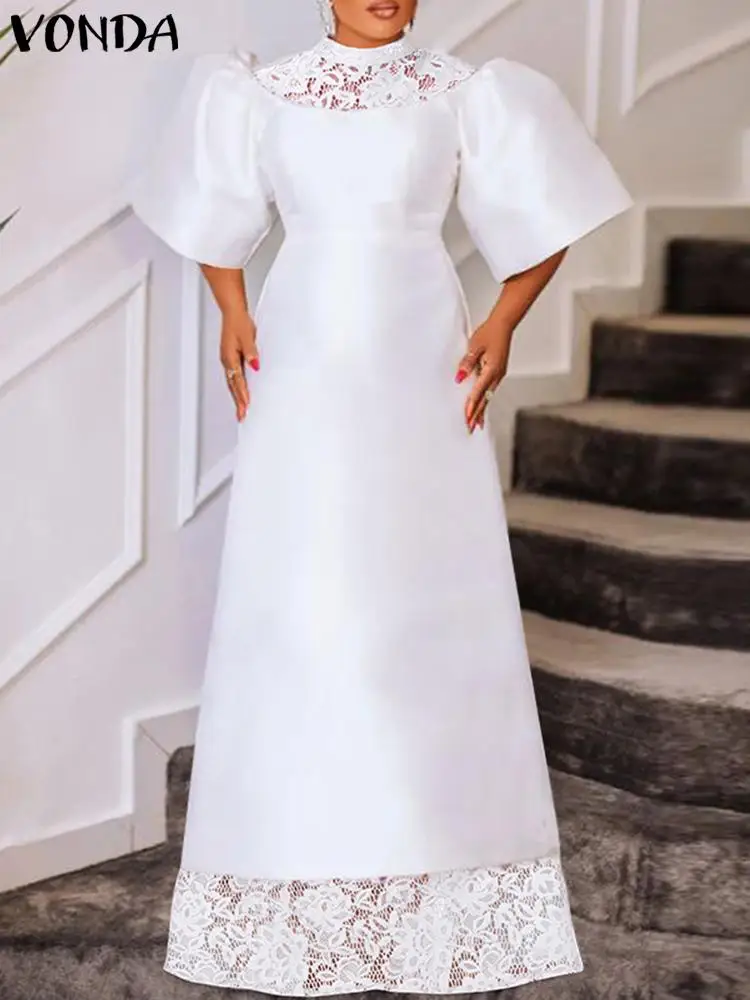VONDA Partid Rochie de Seara pentru Femei Dantelă Mozaic Elegant Maxi Sundress 2023 Vară Scurt Puff Sleeve Culoare Solidă Bal Halat de Femme - 1