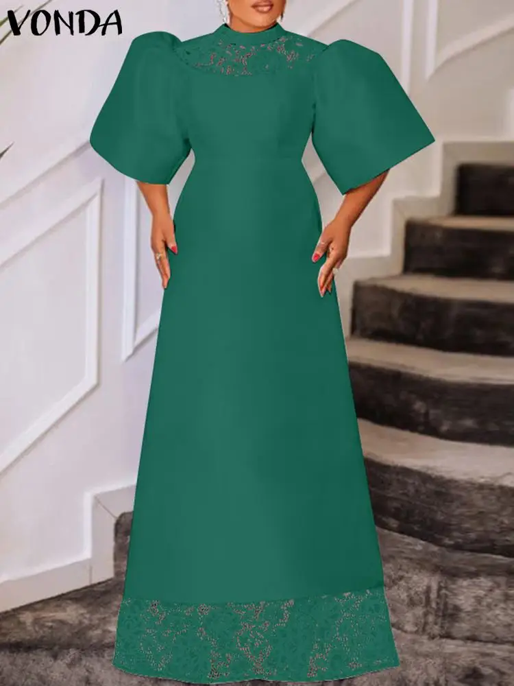VONDA Partid Rochie de Seara pentru Femei Dantelă Mozaic Elegant Maxi Sundress 2023 Vară Scurt Puff Sleeve Culoare Solidă Bal Halat de Femme - 2