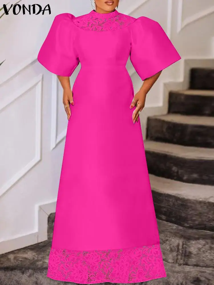 VONDA Partid Rochie de Seara pentru Femei Dantelă Mozaic Elegant Maxi Sundress 2023 Vară Scurt Puff Sleeve Culoare Solidă Bal Halat de Femme - 3