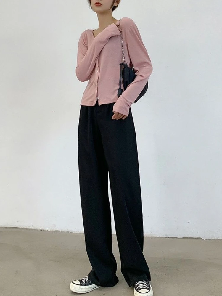 Full-lungime Pantaloni Casual Femei Simple, Birou Doamnă Moda Umflat Talie Mare Stil coreean Largi Picior Pantaloni Temperament All-meci Nou - 5