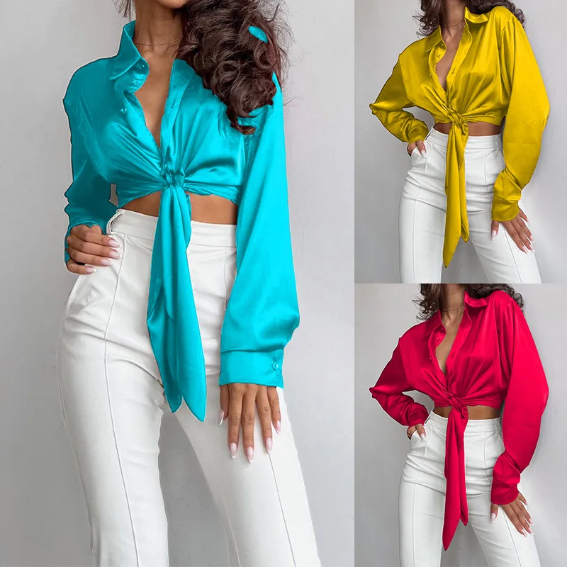 Femei de Moda Butonul de Sus din Satin Cămașă de Mătase Bluza Vintage Y2K Lady Chic Elegant Mâneci Lungi Femei Vrac Strada Tricouri Topuri - 0