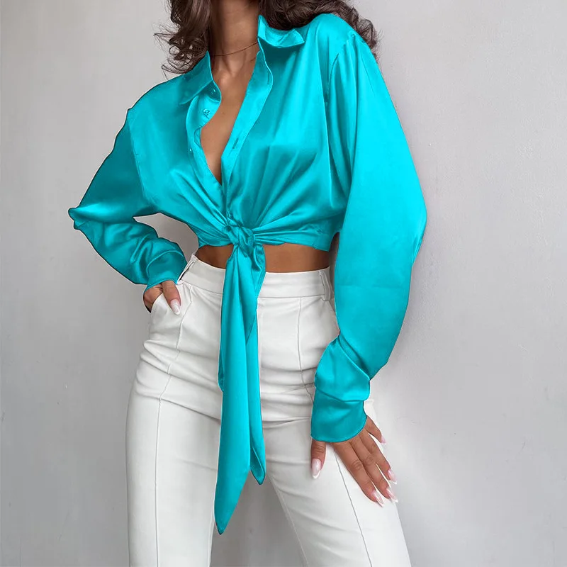 Femei de Moda Butonul de Sus din Satin Cămașă de Mătase Bluza Vintage Y2K Lady Chic Elegant Mâneci Lungi Femei Vrac Strada Tricouri Topuri - 1