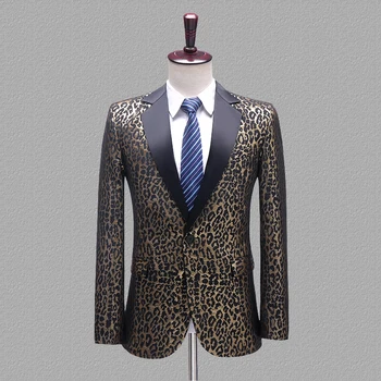 Leopard Jacquard Print Mens Sacouri Costum Slim Fit Afaceri Formale Sacouri Casual Barbati Cantareata Cor Etapă Fracuri