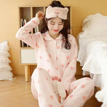 2024 Noi din Bumbac, Pijamale pentru Femei Toamna Iarna Body Bumbac cu Mâneci Lungi Seturi de Pijamale Drăguț Piersic Bumbac Homewear