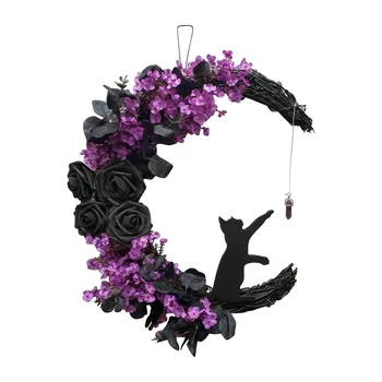 Luna Ușă În Formă De Coroane De Flori Decoratiuni De Halloween Semn De Bun Venit Goth Trandafiri Pisici Negre Ghirlanda Ușa Din Față Ornament Halloween Semne