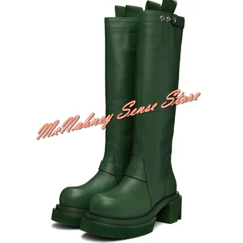 Noul Verde din Piele Barbati Cizme Jumătatea Vițel Solid Rotund Toe Tocuri Indesata Toamna Iarna Bărbat Pantofi Slip On de Dimensiuni Mari Bărbați de Boot