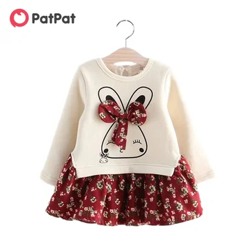 PatPat 2021 New Sosire Toamna și Iarna Primavara pentru Copii Toddler Faux-două Bunny Print Floral Rochii pentru Copii-Fete Haine Copii