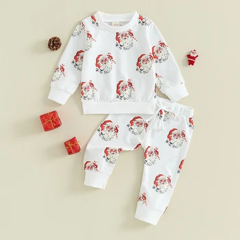 Noi Copilul copil 2 buc Haine de Crăciun Set Santa Print cu Maneci Lungi Crewneck Tricoul Topuri Pantaloni Toamna Tinutele de Vânzare Fierbinte