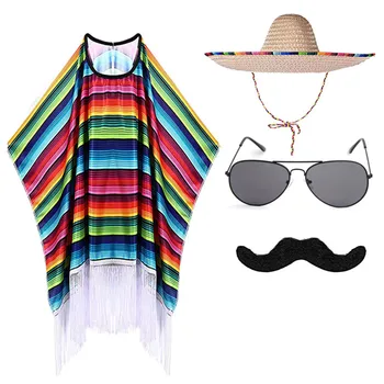 Copil Adult Mexican, Petrecere cu Costume Colorate Pelerina Poncho, Sombrero ochelari de Soare Pălărie Mustață Set pentru Mexican Fiesta Carnaval de Halloween