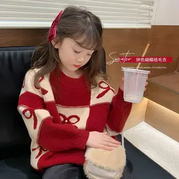 Fete Rosu Stil Chinezesc Toamna Și Iarna Îngroșat Pulover Tricotate Copii Arcul De Cald Pulover Nou Top Tinute Topuri Haine Copii