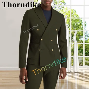 Thorndike Dublu Rânduri de Costume pentru Barbati Slim Fit de culoare Verde Închis Nunta Frac, Costum pentru Bărbați 2 buc Blazer Coat Set de Pantaloni Costum Homme
