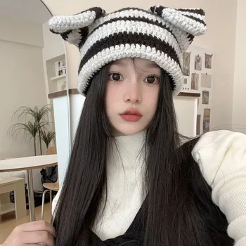 Coreean Toamna și Iarna Drăguț Urechi Mari cu Dungi Tricotate Pălărie de Femei de Moda Retro Termică Ureche Protector Cap de Craniu Beanie Palarie
