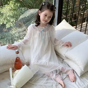 Fata Maneca Lunga Somn Rochie de Printesa Copil Confortabil Subțire Pijamale Copii Plasă de Dantelă Acasă Haine Copii camasa de noapte 6-16Y Wz1149