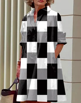 Femeilor Vintage Rochie cu mâneci Lungi Alb-Negru Carouri Print Casual Rever Cămașă Rochie de Vara Buzunar Moda de Îmbrăcăminte pentru Femei